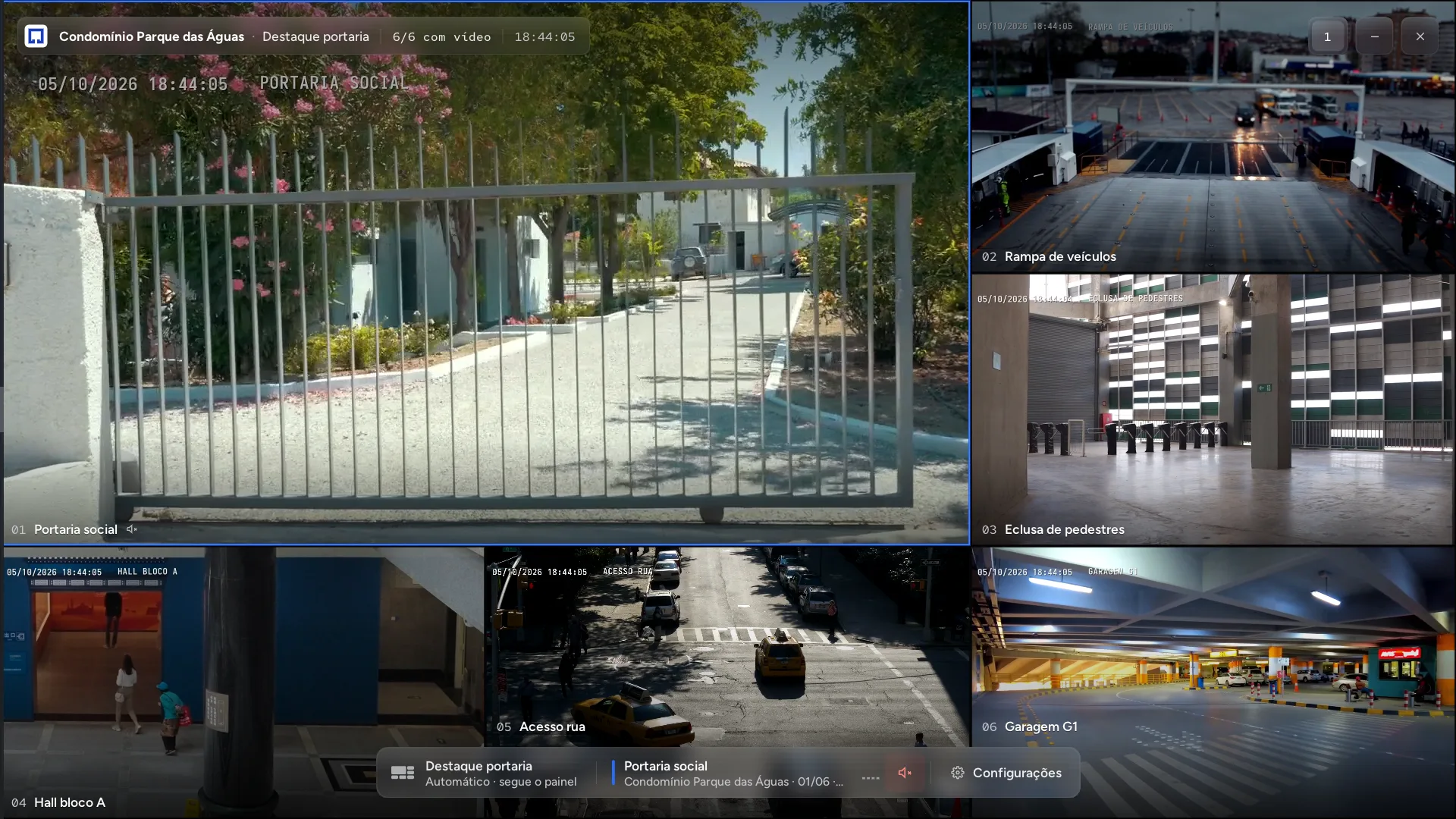 DBolt Video Wall com a câmera da portaria em destaque e selecionada, e a barra de operação na base da tela.